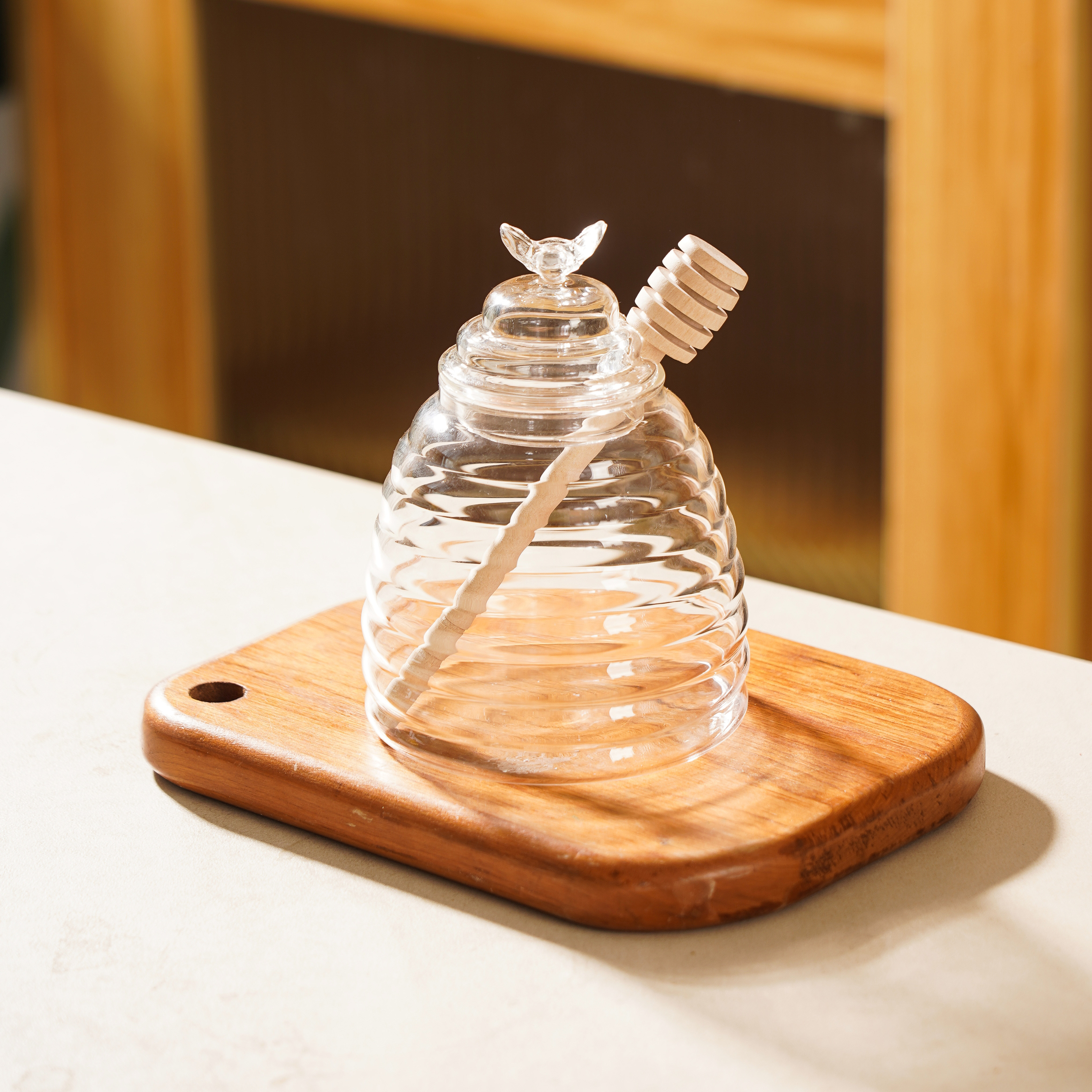 Luxury Glass Honey Jar Glass Storage Jar with Dipper