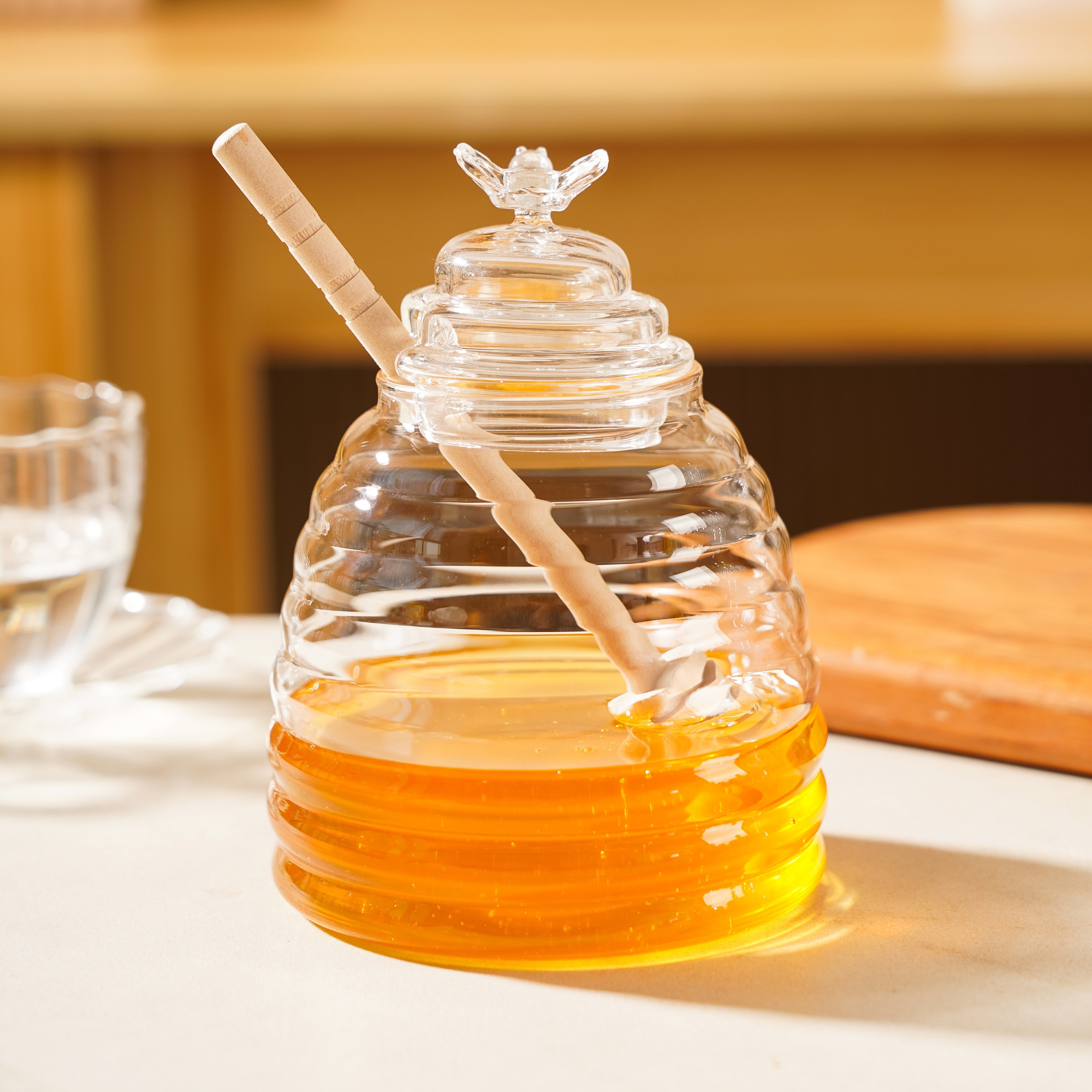 Luxury Glass Honey Jar Glass Storage Jar with Dipper