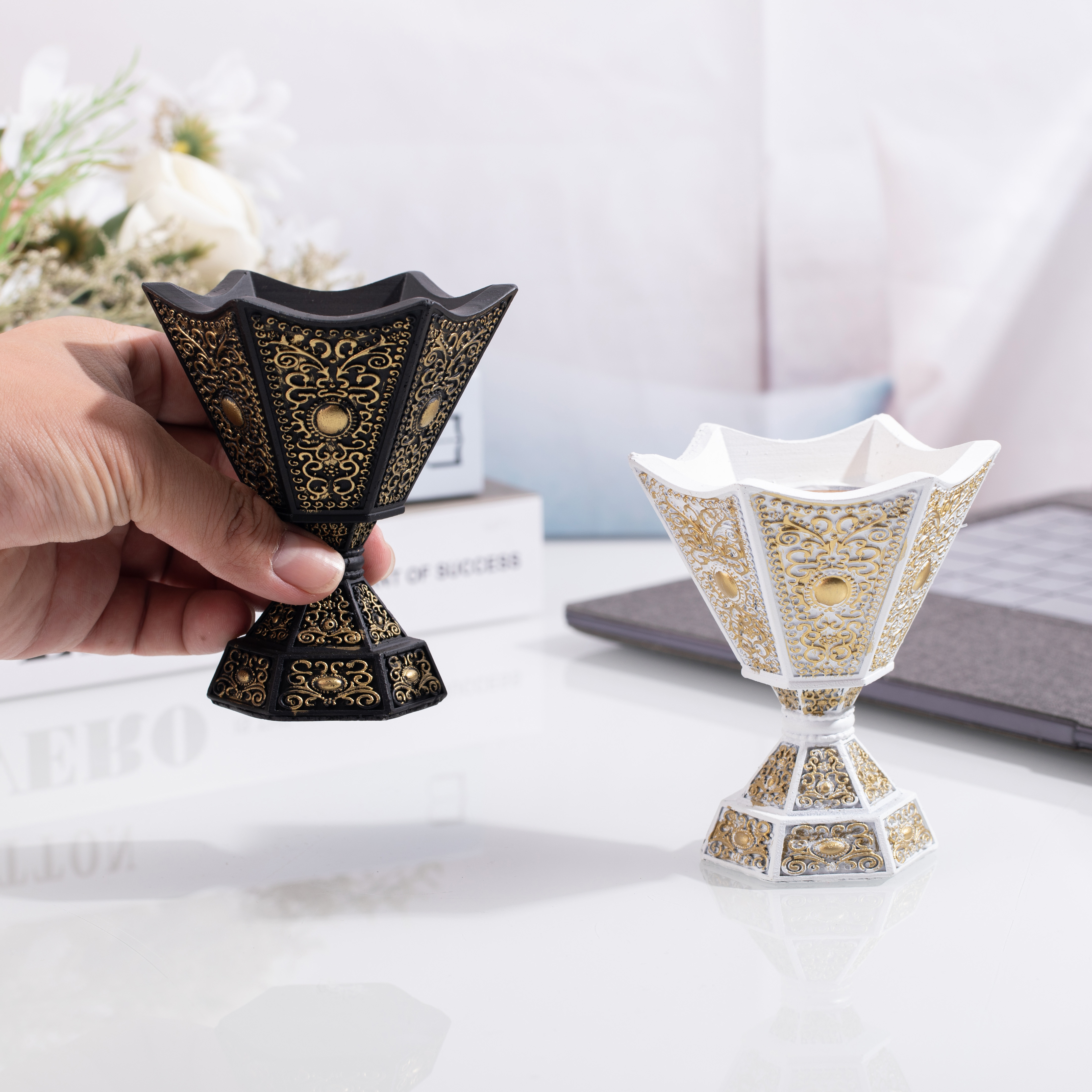 mini family decoration hexagonal tripod modeling resin art Traditional classic Arabic incense burner bakhoor charcoal burner