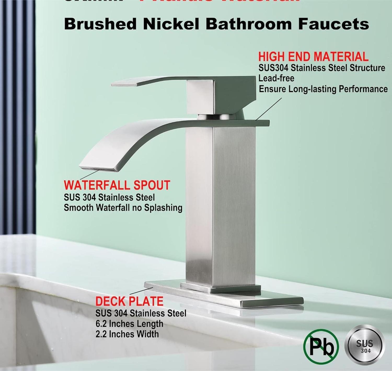 Waterfall Single Hole Bathroom Faucet, Single Handle Bathroom Sink Faucet Brushed Nickel with Pop Up Drain Assembly