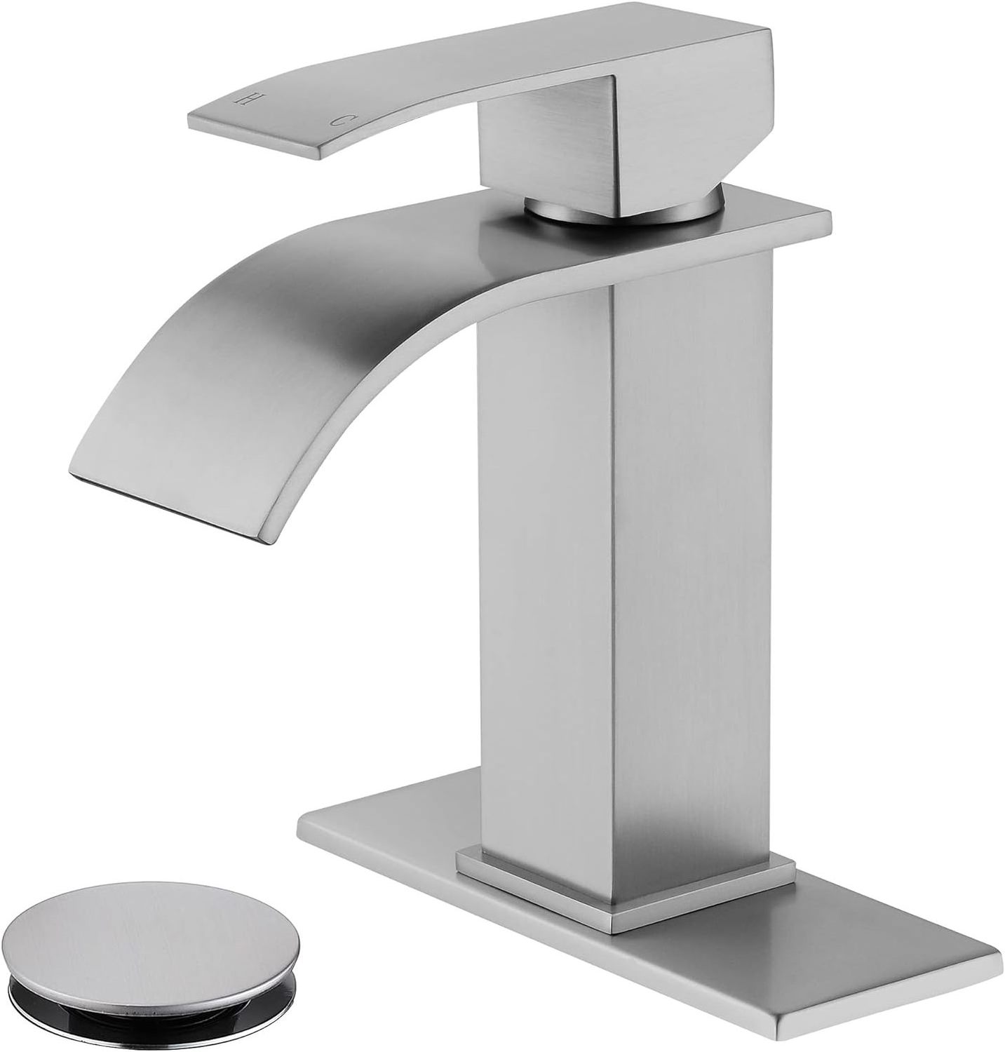 Waterfall Single Hole Bathroom Faucet, Single Handle Bathroom Sink Faucet Brushed Nickel with Pop Up Drain Assembly