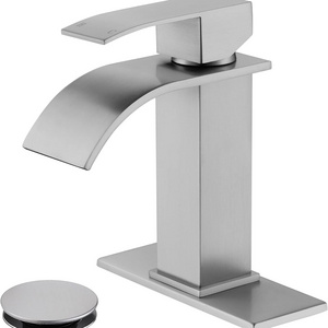 Waterfall Single Hole Bathroom Faucet, Single Handle Bathroom Sink Faucet Brushed Nickel with Pop Up Drain Assembly