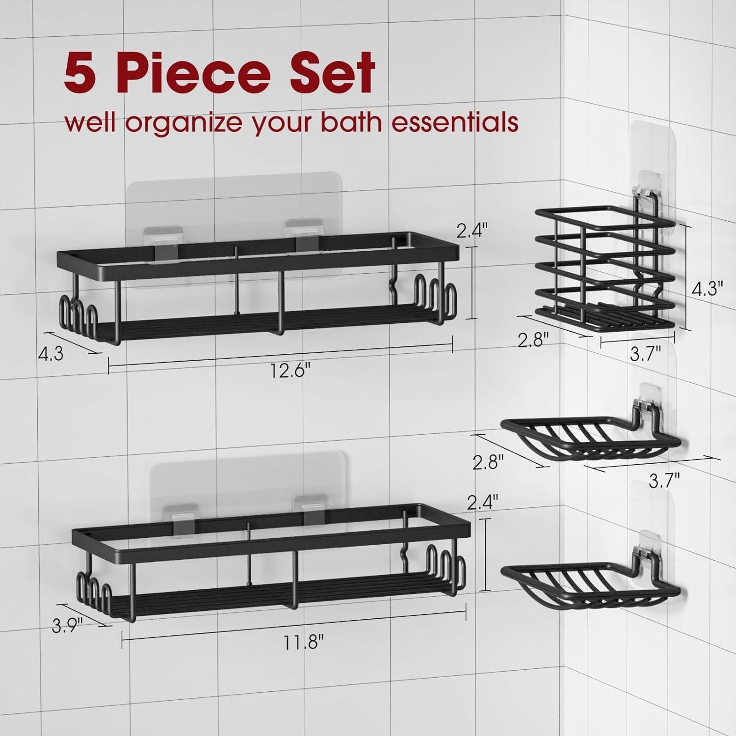 White Shower Caddy - 5 Piece Set, Multipurpose Shower Organizer, Waterproof & Rustproof Bathroom Shower Shelves