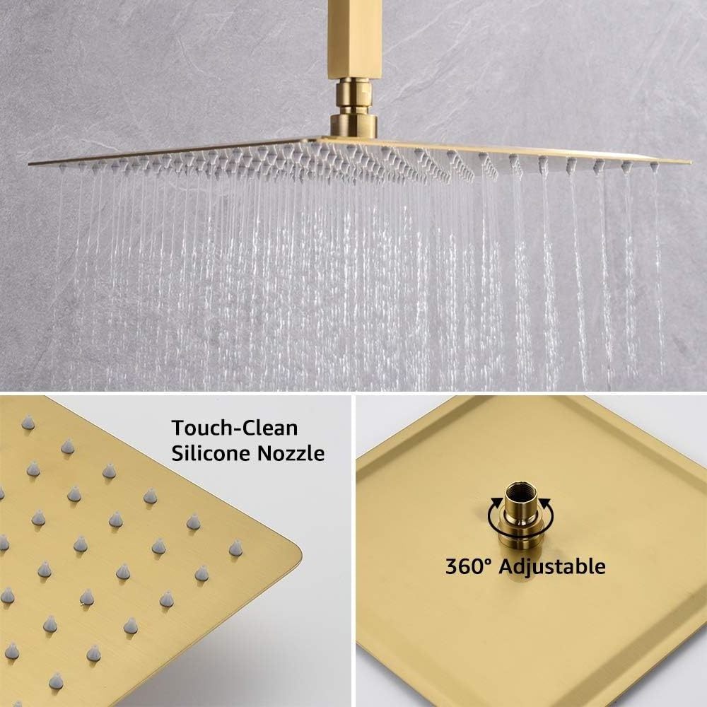 Gold Ceiling Mount Rain Shower System with Shower Head and Handheld Bathroom Contain Shower Faucet Mixer and Trim Kit