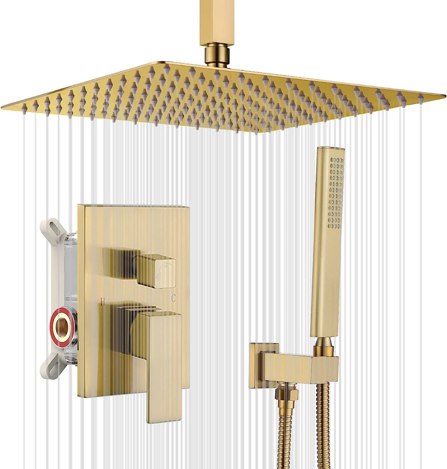 Gold Ceiling Mount Rain Shower System with Shower Head and Handheld Bathroom Contain Shower Faucet Mixer and Trim Kit