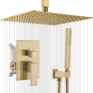 Gold Ceiling Mount Rain Shower System with Shower Head and Handheld Bathroom Contain Shower Faucet Mixer and Trim Kit