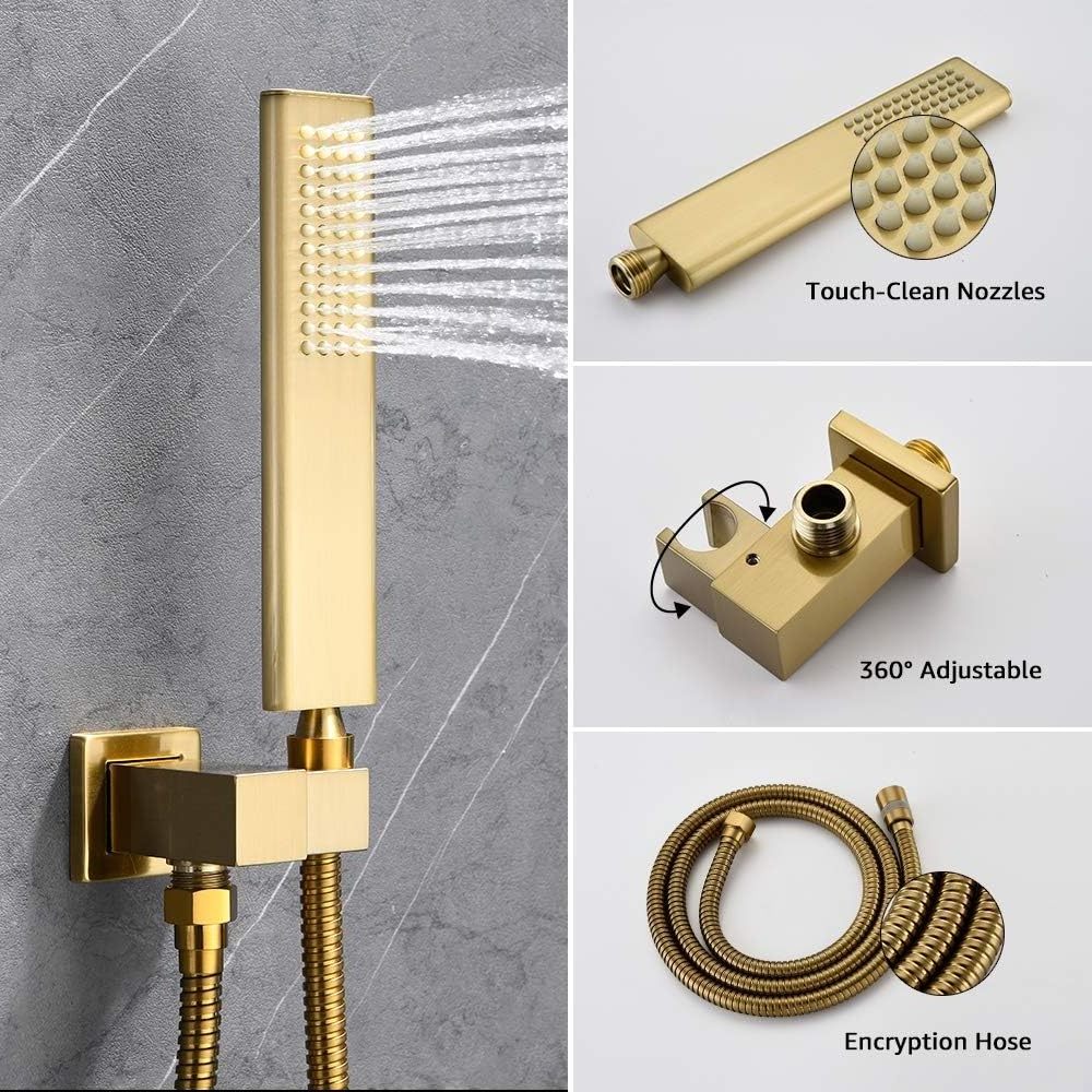 Gold Ceiling Mount Rain Shower System with Shower Head and Handheld Bathroom Contain Shower Faucet Mixer and Trim Kit