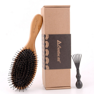 Hair Brush Natural Boar Bristle Bamboo Hairbrush Detangling Nylon Pins with Cleaning Tool