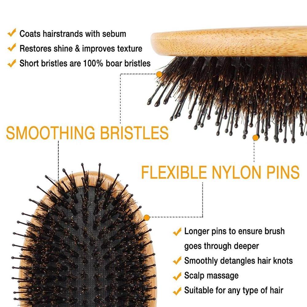 Hair Brush Natural Boar Bristle Bamboo Hairbrush Detangling Nylon Pins with Cleaning Tool