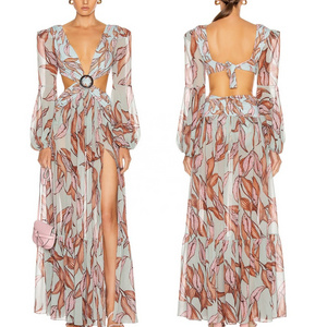 Manufacture Wholesale Custom OEM Women Printed Belted Maxi Fashion Clothing Long Sleeve Cutout Dress