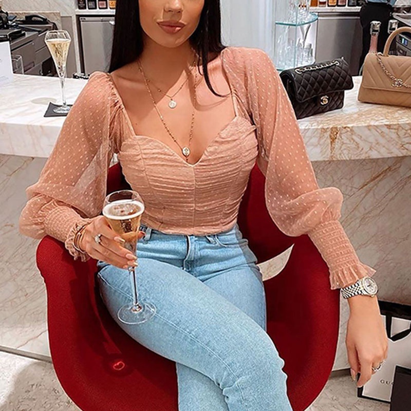 Breathable Lace Chiffon Custom Polka Dot Print Wrap Chest Bare Navel Long Sleeve Ruched Women Blouses