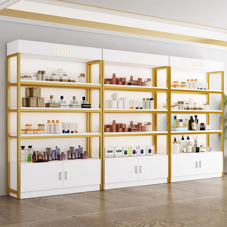 Custom Wooden Wall Cosmetic Shelves Display Cabinet And Makeup Display Wall Showcase Cosmetic Retail Display Racks Shelf