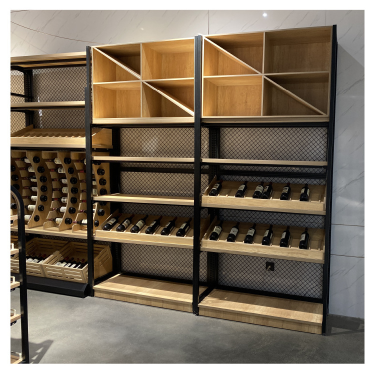 High Quality Wood+steel Wine Rack With Square Top & Bottom Cabinet For Liquor/alcohol Drinks Store Display Wine Rack