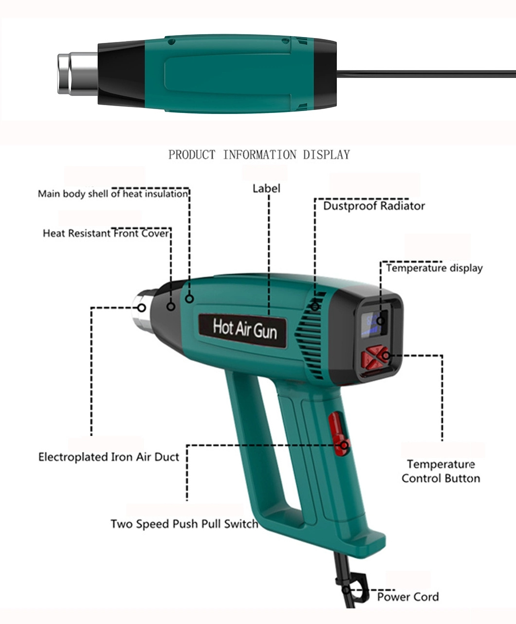 Industrial Grade Customisable Portable Fast Electronic Heat Gun with Display Hot Air Gun Blower