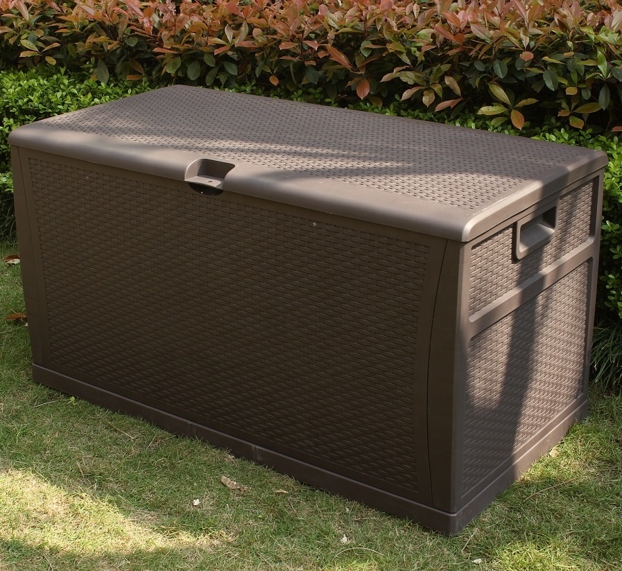 Rattan Patio Deck Box Wicker Outdoor Garden Storage Plastic Bench Box 120 Gallon in brown color