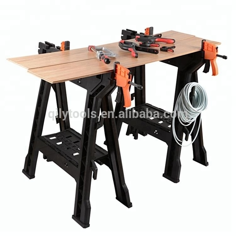 2 pack Black Folding Compact Workbench Sawhorse 2 Clamps