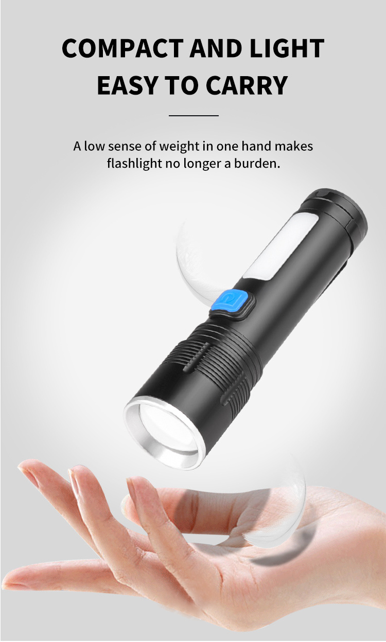 XHP50+COB 3 Modes zoomable 1000lms pen clip side LED USB C Rechargeable  built-in 18650 Battery Flashlight 200m Powerful Torch