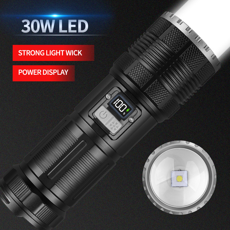 30W LED+COB white light red light built-in 6000mAh flashlight 10km long distance illumination torch with Power display