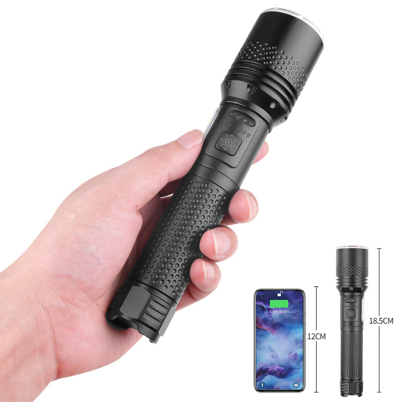 1500 Lumens 1500M Long Range Flashlight XHP70 30W LED Telescopic Zoom Light with Sidelight 21700 Battery Flashlight