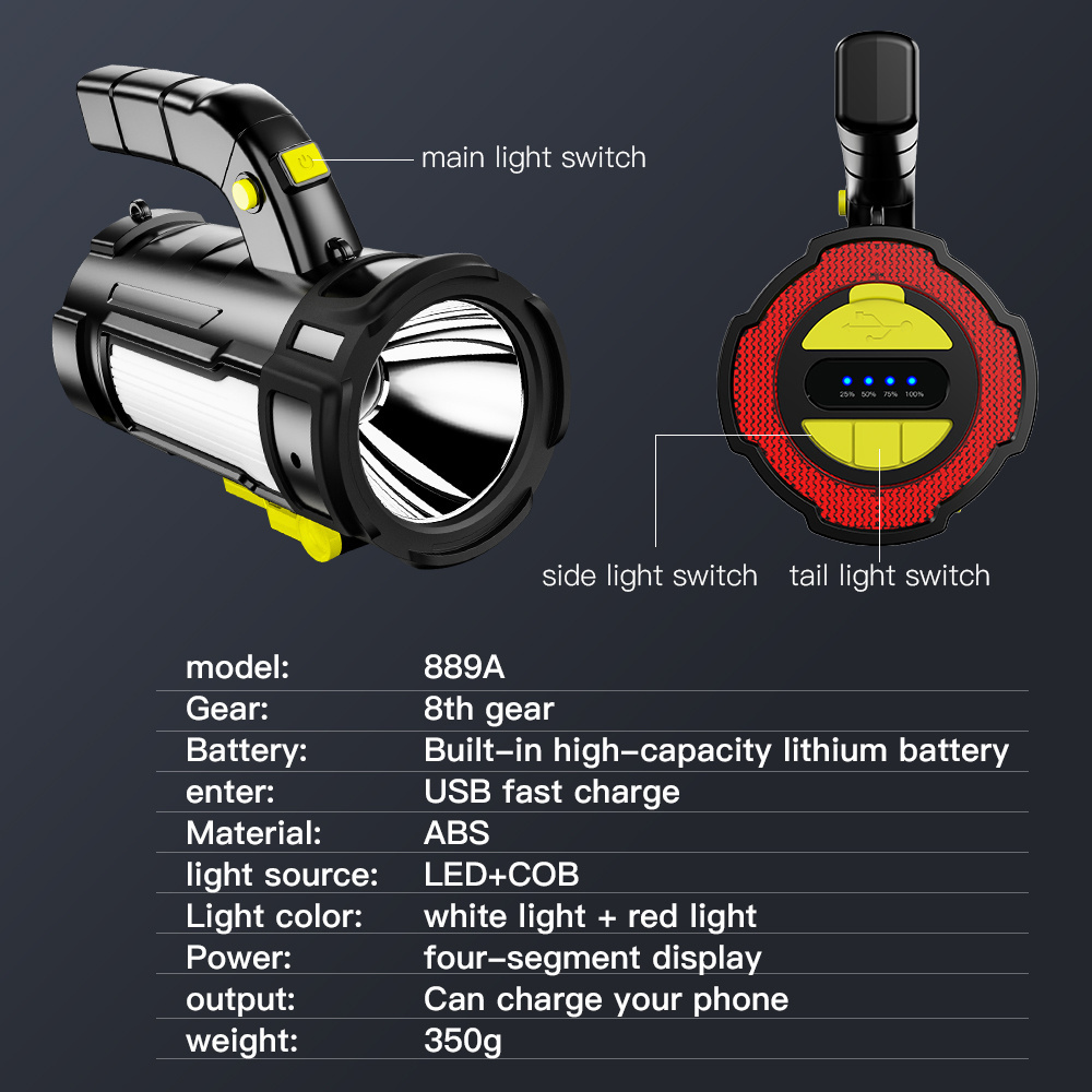 Handheld LED Camping Light Portable Work Light USB Rechargeable Searchlight Flashlight Spotlight Waterproof Emergency Light