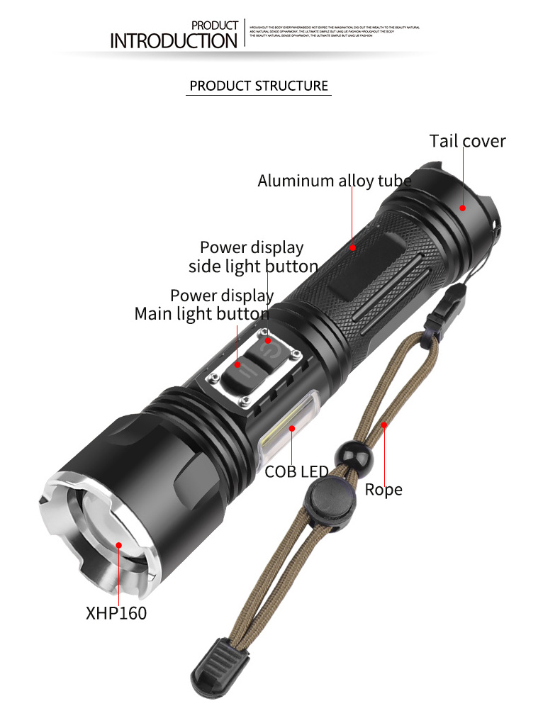 High Quality xhp160 usb c Tactical Flashlight 10000 Lumen Waterproof High Power Flashlight COB Led Torch rechargeable led lights