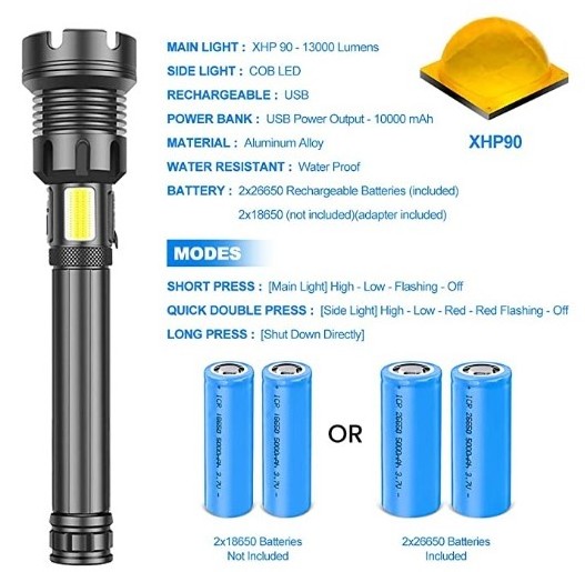 Upgraded Xhp90 90000 Lumens, Zoomable 3 Modes Lighting outdoor Torch 26650 Battery & USB Rechargeable LED lights Flashlight able