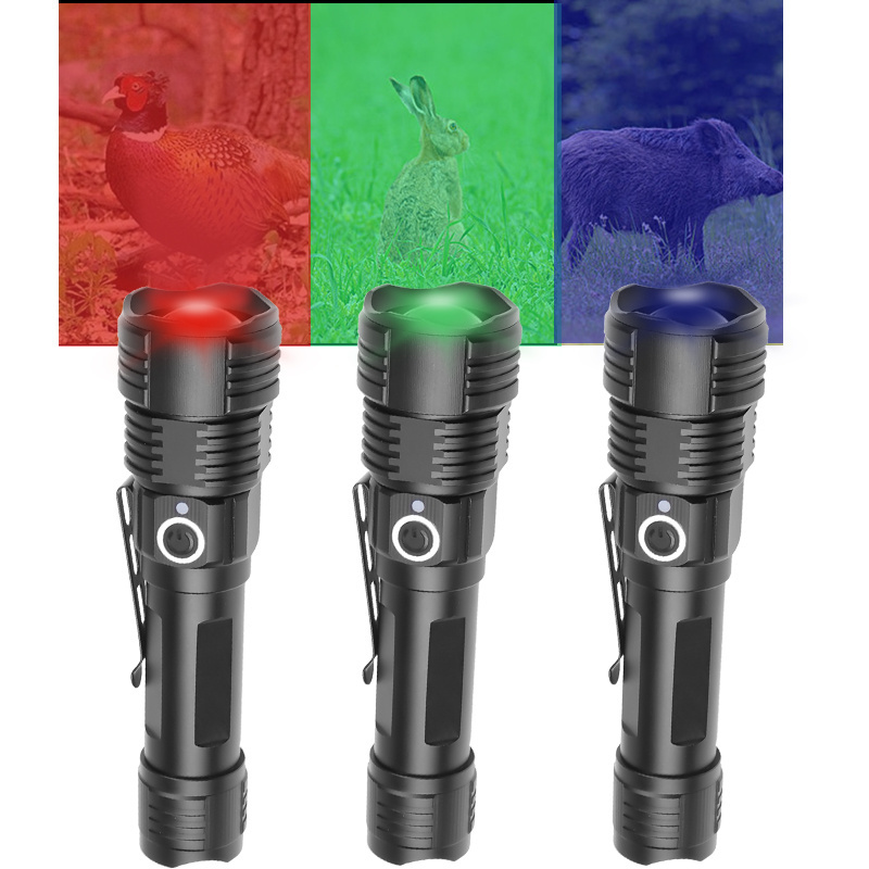 Hot Sale 4 XPE Red Green Purple Light Torch Telescopic Zoomable USB Charging Flashlight Hunting Flashlight With Clip