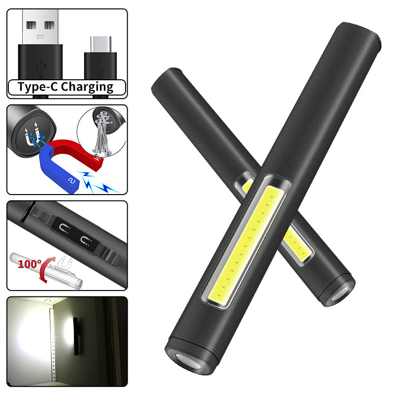 Usb Rechargeable XPE COB Floodlight Flashlight 300 Lumen Beam Aluminum Alloy Pen Clip Work Light Built  Battery with Tail Magnet