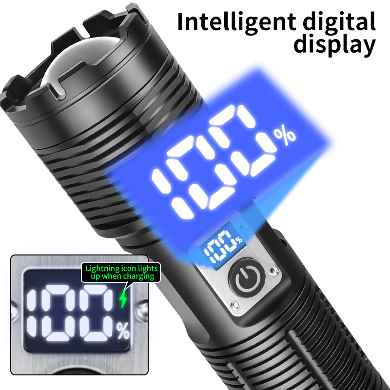 Super Bright High Lumen 3500LM Flashlight XHP160 Led with Tail COB Flashlight Built-in Battery Digital Power Display Torches