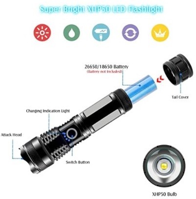 LED Rechargeable Flash light,Super Bright 7000 lumens XHP50 Powerful USB Tactical LED Flashlight Waterproof Torch Light Zoomable