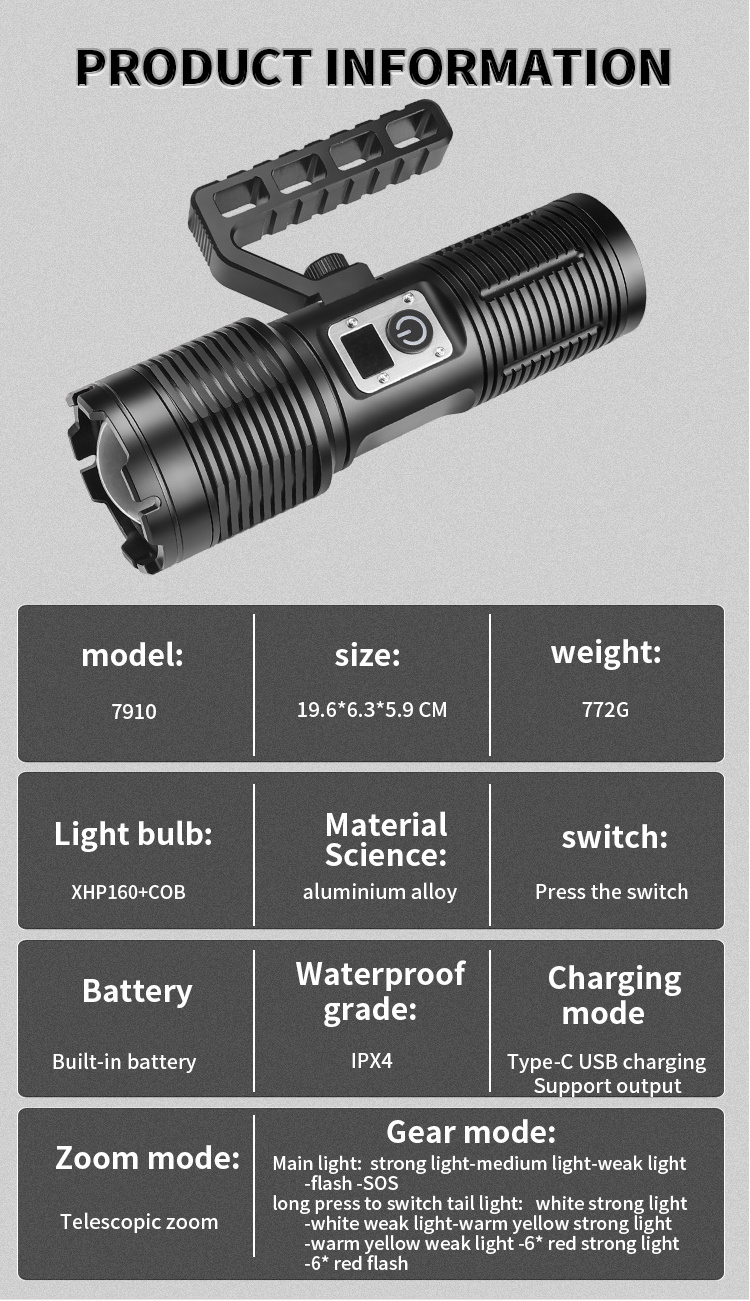 Super Bright High Lumen 3500LM Flashlight XHP160 Led with Tail COB Flashlight Built-in Battery Digital Power Display Torches