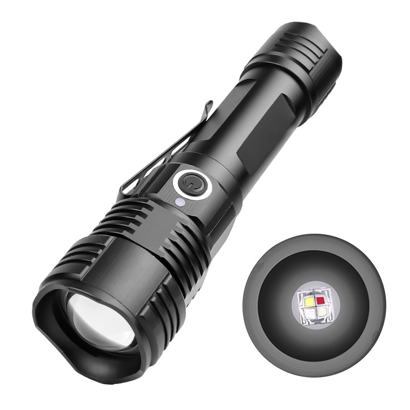 Hot Sale 4 XPE Red Green Purple Light Torch Telescopic Zoomable USB Charging Flashlight Hunting Flashlight With Clip