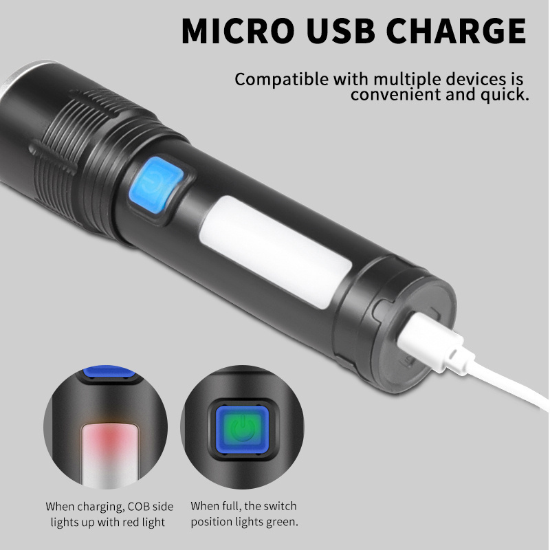 XHP50+COB 3 Modes zoomable 1000lms pen clip side LED USB C Rechargeable  built-in 18650 Battery Flashlight 200m Powerful Torch