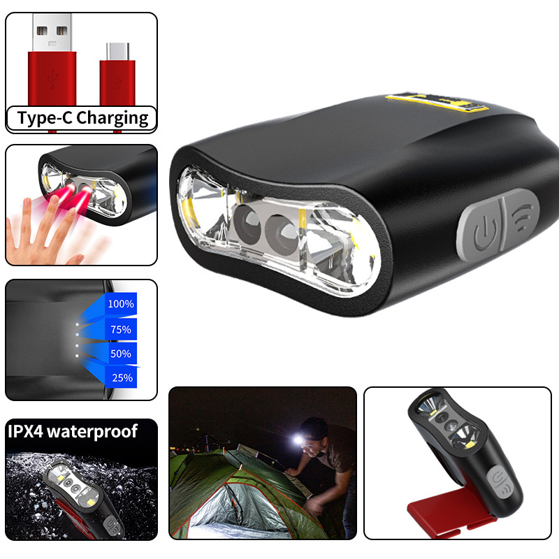 2 LED Cap-clip 100Lumen Sense Headlamp Lightweight Internal Battery 3Modes Head Light Type-c USB Camping Fishing Headlamp