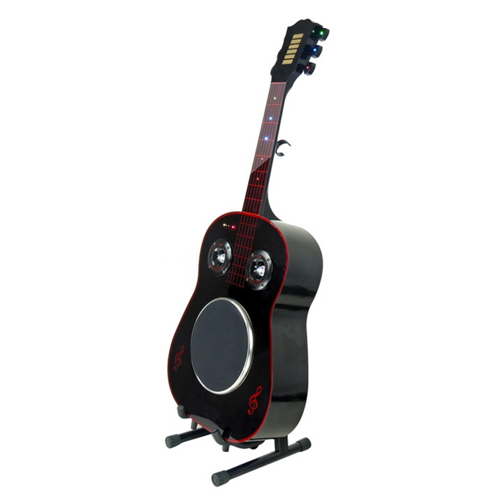 Hot-Sale guitar speaker shaped active 8 inch subwoofer speaker 45W output power portable audio speaker with wireless mic