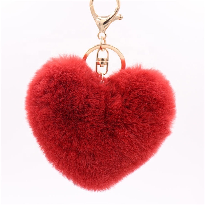 Hot Sale Promotion Gift Soft Cute Furball Pompom Furry Heart Shaped Plush Fluffy Balls Rabbit Fur Key Chain Pom Pom Keychain