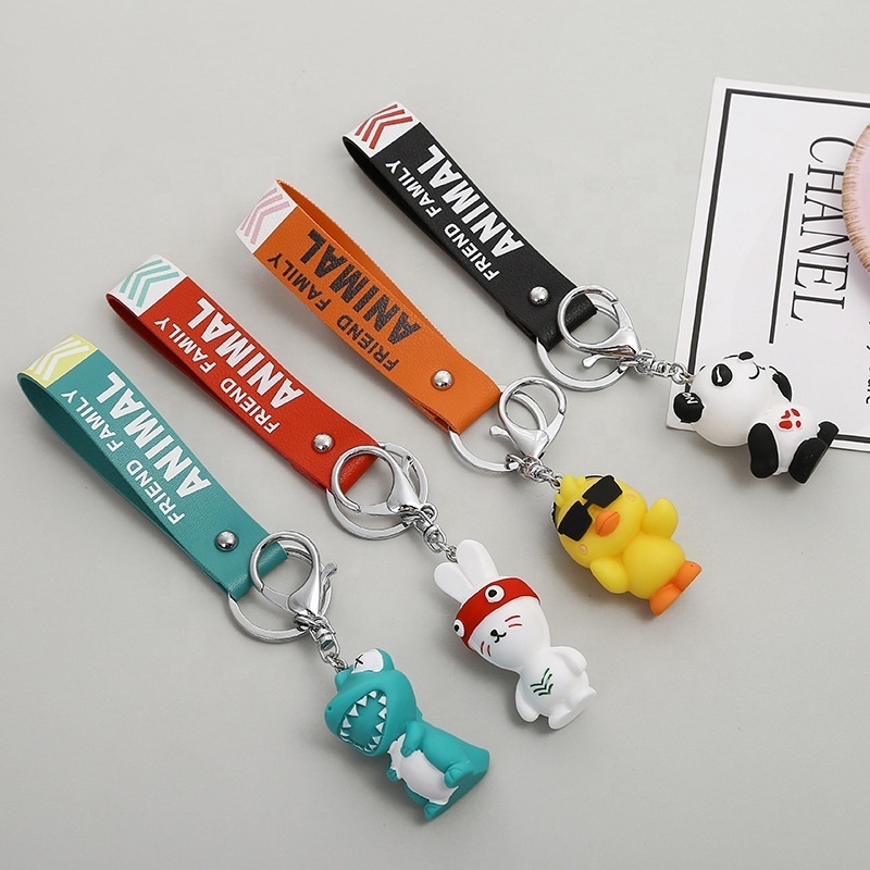 Leather Strap Cute Resin Rubber Key Chain Rabbit Animal Dinosaur Pet Duck Crocodile Keychain