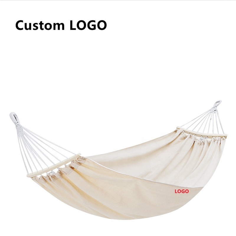 Comfortable Easy Hanging Outdoor Beds Camping White Canvas Swing Travel Cotton Hanging Hammock With Bend Bar Antiroll