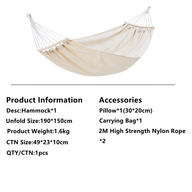 Comfortable Easy Hanging Outdoor Beds Camping White Canvas Swing Travel Cotton Hanging Hammock With Bend Bar Antiroll