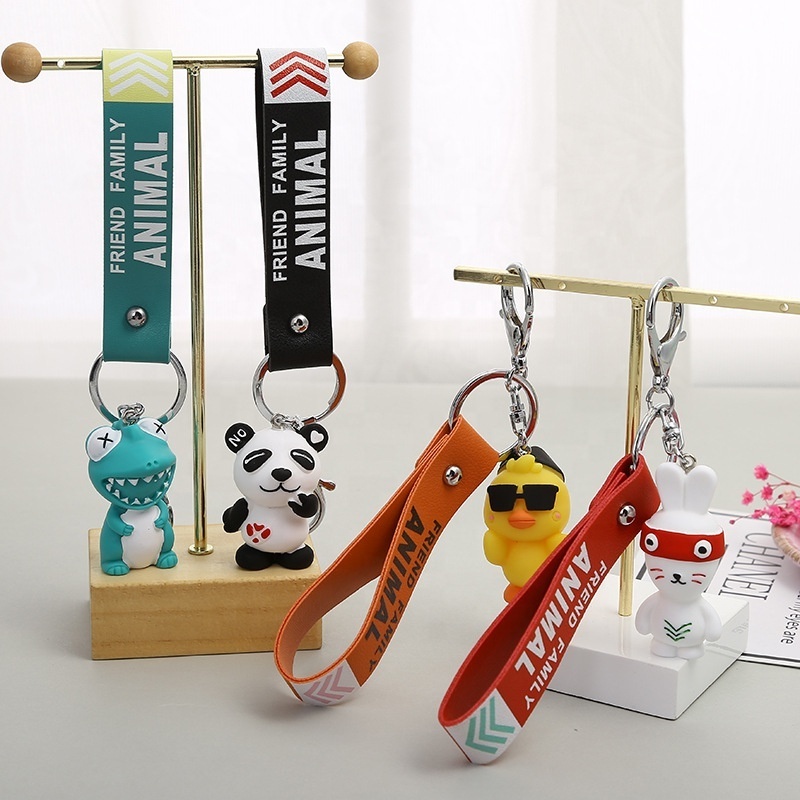 Leather Strap Cute Resin Rubber Key Chain Rabbit Animal Dinosaur Pet Duck Crocodile Keychain