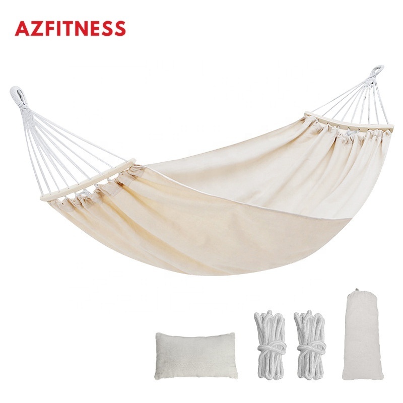 Comfortable Easy Hanging Outdoor Beds Camping White Canvas Swing Travel Cotton Hanging Hammock With Bend Bar Antiroll