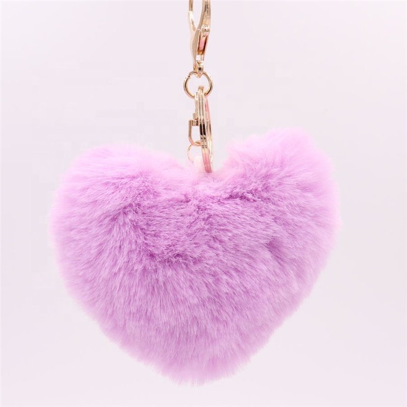 Hot Sale Promotion Gift Soft Cute Furball Pompom Furry Heart Shaped Plush Fluffy Balls Rabbit Fur Key Chain Pom Pom Keychain