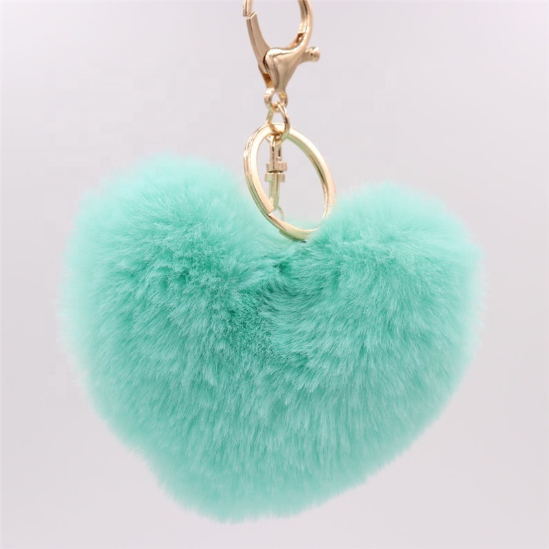 Hot Sale Promotion Gift Soft Cute Furball Pompom Furry Heart Shaped Plush Fluffy Balls Rabbit Fur Key Chain Pom Pom Keychain