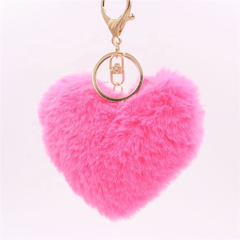 Hot Sale Promotion Gift Soft Cute Furball Pompom Furry Heart Shaped Plush Fluffy Balls Rabbit Fur Key Chain Pom Pom Keychain