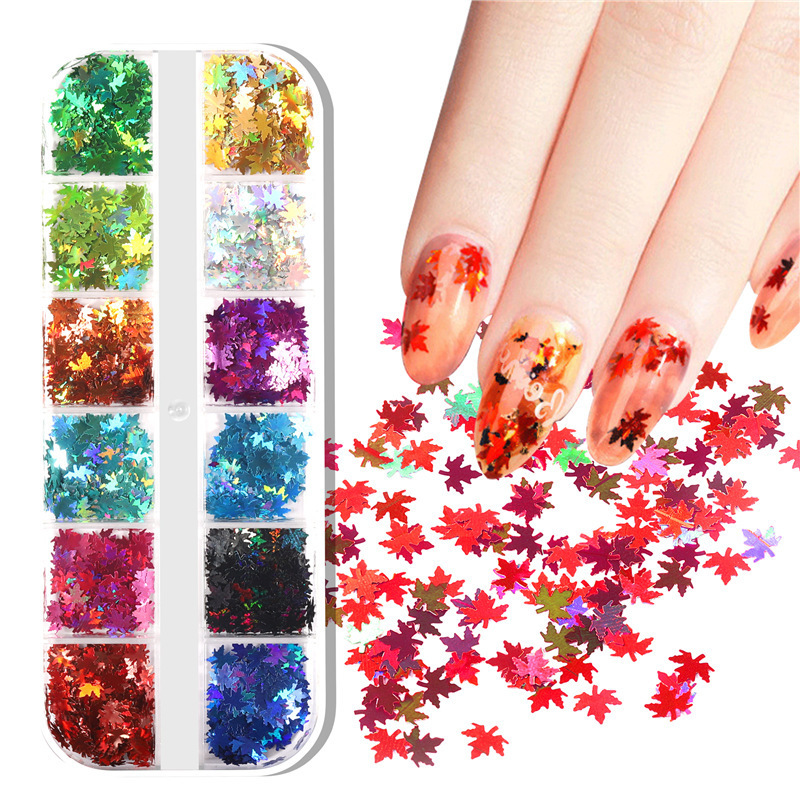 Popular 12 Grid 3D Snowflake Star Letter Butterfly Fall Maple Leaf Leaves Nail Art Glitter Sequins Decal