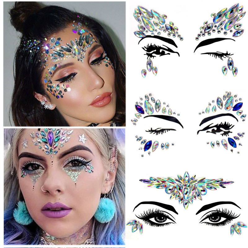 Custom Women Bling Shiny Face Rhinestone Stickers Gem Crystal Waterproof Tattoo Sticker