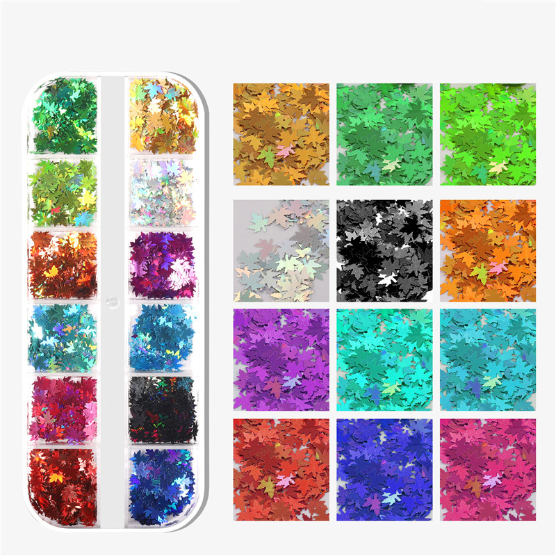 Popular 12 Grid 3D Snowflake Star Letter Butterfly Fall Maple Leaf Leaves Nail Art Glitter Sequins Decal