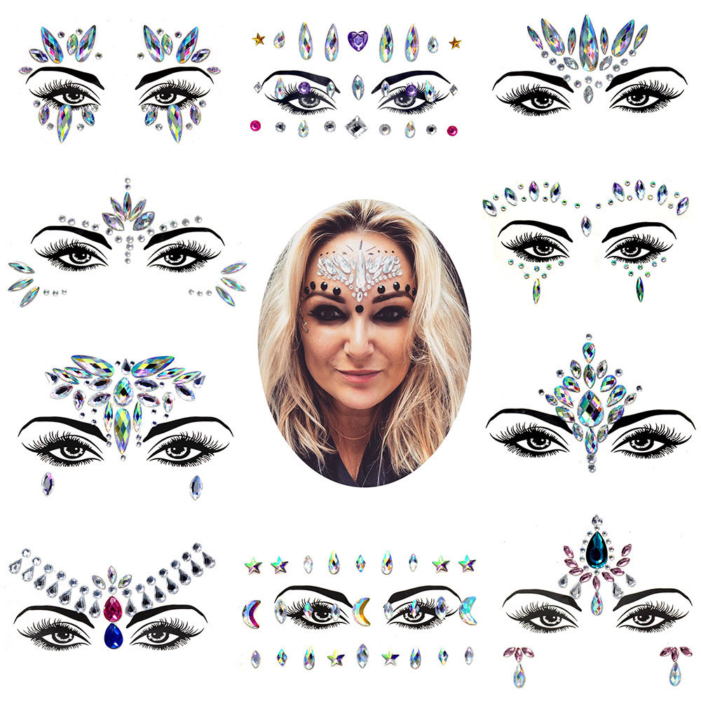 Custom Women Bling Shiny Face Rhinestone Stickers Gem Crystal Waterproof Tattoo Sticker