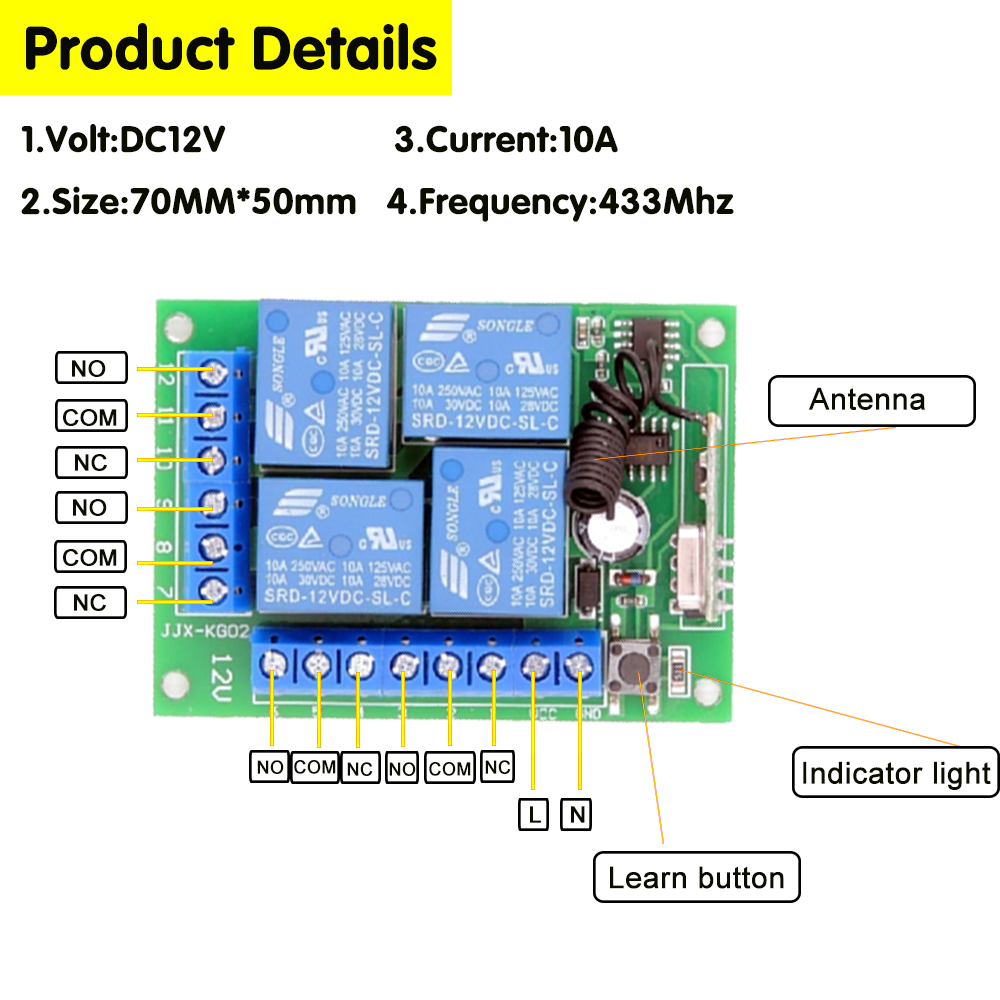 433 Mhz Universal Wireless Remote Control Switch DC 12V 10A 4CH Relay Receiver Module And 4 channel RF 433mhz Remote Transmitter