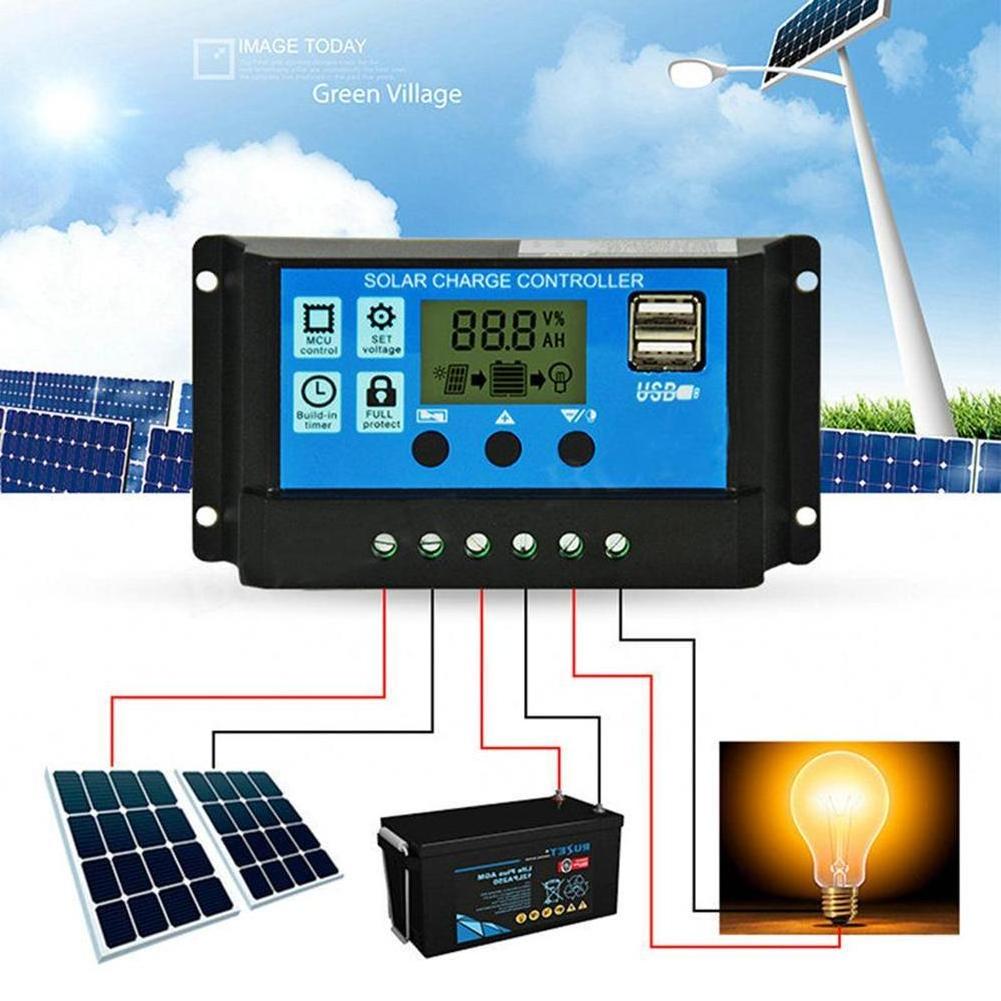 12V/24V HD LCD Display Auto Work Solar Charge Controller 10A/20A/30A PWM Dual USB Output Solar Cell Panel Charger Regulator